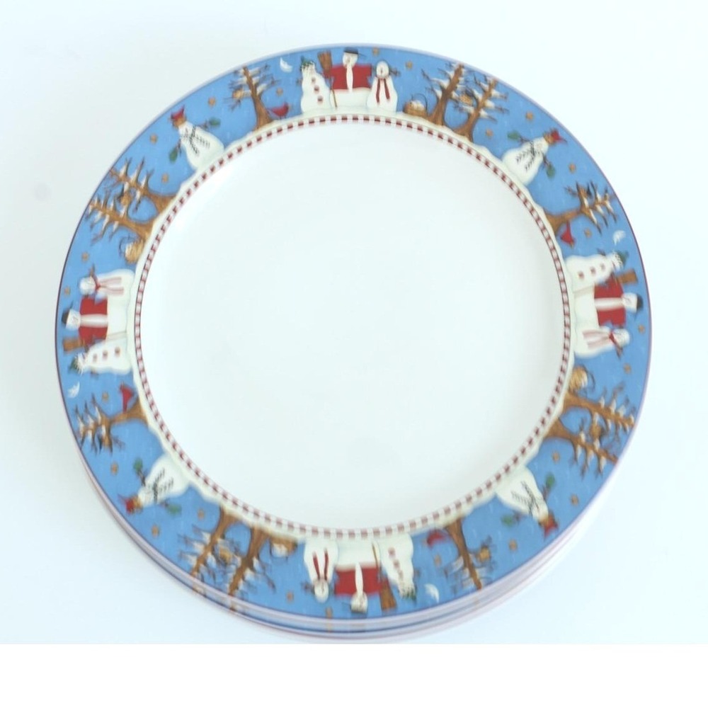 Sakura Debbie Mumm Snowman Dinner Plates Stoneware Blue White Set of 4 11.25" - Picture 4 of 8